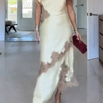 Paris Dream Satin Lace Trim Irregular Design Drape Maxi Dress