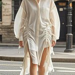 Long Sleeves Loose Buttoned Drawstring Pleated Pockets Solid Color Lapel Midi Dresses Shirt Dress