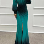 Julieta Gradient Print Boat Neck Off Shoulder Gem Detail Slit Gown Maxi Dress