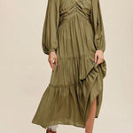 Green V Neck Bowknot Cutout Frill Tiered Maxi Dress