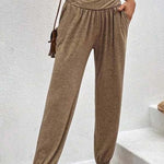 Temperament casual loose pocket high waist trousers