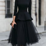 Structured Peplum Top and Layered Midi Skirt Set