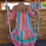 Friendly Shores Linen Blend Ethnic Print Off Shoulder Loose Mini Dress