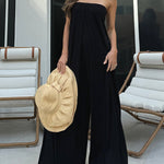 Sleeveless Wide Leg Elasticity Hollow Pleated Solid Color Tube Jumpsuits