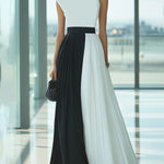 High Waisted Loose Contrast Color Pleated Mock Neck Maxi Dresses