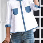 A-line High-low Buttoned Pockets Mock Neck Blouses&shirts Tops