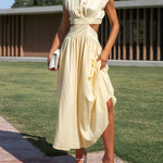 Cap Sleeve Belly-Hollow Pleated Solid Color Stand Collar Maxi Dresses