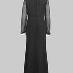 Long Sleeves Buttoned See-Through Solid Color Split-Side Lapel Maxi Dresses Shirt Dress