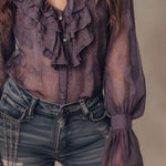 Vintage Paisley Print Ruffled Collar Chiffon Blouse