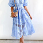 Remarkable Beauty Square Patterned Fabric Puff Sleeve Party Midi Dress