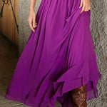 Flared Sleeves Loose Pleated Solid Color Split-Joint Round-Neck Maxi Dresses