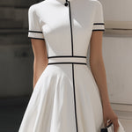 Timeless Contrast-Piped Mandarin Collar Midi Dress