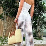 Riley Knit Front Knotted Bandeau and Stretch Hollow Out Wide Leg Pants Set