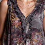 Boho Vintage Floral & Leopard Print Ruffle Chiffon Sleeveless Top
