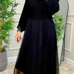 Fenna Ribbed Sequin Trim Batwing Sleeve Sweater and Pleated Tulle Stretch Tank Midi Dress Two-piece Set