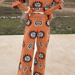 Mediterranean Art Knit Unique Sun Vortex Print Long Sleeve Relaxed Sweater
