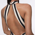 Modern Perfection Geometric Stripes Print Open Back Irregular Hem Maxi Dress