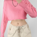 Round Neck Solid Color Loose Casual Long Sleeve Super Short Knitted Sweater