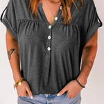 Solid Button V Neck Short Sleeve Top