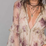 Vintage Zippered Collar Ruffled Floral Blouse