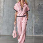 Elegant Fashion Sporty Hooded Front Zipper Short-sleeved Pink Cotton Top And Pants Set
