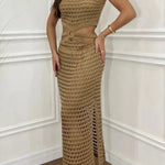 Stunning Gaze Knit Texture Ring Side Waist Cutout Stretch Maxi Dress（Note: top without lined, you can bring your own bra）