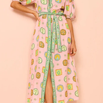 Lantern Sleeves Button Down Tie Waist Printed Midi Shirt Dress
