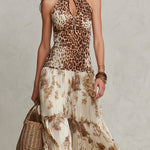 Holiday Keyhole Neckline Leopard Print Pleated Maxi Dress
