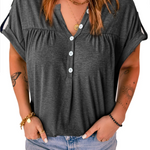 Solid Button V Neck Short Sleeve Top
