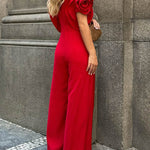 Loose Short Sleeves Falbala Solid Color Round-Neck Jumpsuits