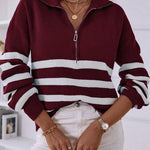 V Neck Collar Ribbed Knitted Stripe Pullover Sweater