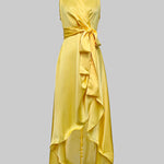 High-Low Loose Ruffle Trim Solid Color Tied Waist V-Neck Maxi Dresses