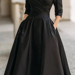 A-Line Three-Quarter Sleeves Pleated Pockets Solid Color V-Neck Midi Dresses