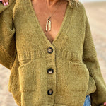 Solid Color Loose Long Sleeve V-neck Pocket Knitted Sweater Cardigan