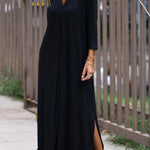Fashion solid color V-neck three-quarter sleeves knitted long slit dress