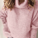 High-neck button-decorated loose knit sweater
