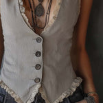 Vintage Lace Trim Striped Vest