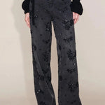 Jhenie Denim Beaded Sequin Floral Pattern Mid Rise Pocket Wide Leg Jeans