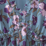 Light Blue Floral Print Ruffle Trim Maxi Dress