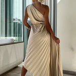 Romantic Nights Satin Raised Flower Elastic Cutout One Shoulder Pleated Maxi Dress