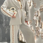 Edan Textured Knit Sequin Patchwork Drawstring Zipper Sweatshirt and Stretch Wide Leg Pants Set