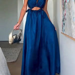 Midnight Charm Satin Ruched Cutout Tie-up Maxi Dress