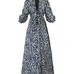 Loose Puff Sleeves Pleated Printed Split-Joint Deep V-Neck Jumpsuits