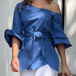 Flared Sleeves Asymmetric Knot Solid Color One-shoulder Blouses&shirts Tops