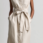 Women's Elegant, Natural-colored Cotton And Linen Blend Sleeveless Shirt-collar Midi Dress