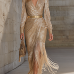 Chic And Sophisticated V-neck Tassel Champagne Shimmering Maxi Dress