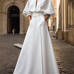 Half Sleeves Loose Belted Solid Color Deep V-Neck Maxi Dresses