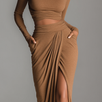Women's Fashion Camel Stretch Knit Turtleneck Long-Sleeve Set With Skirt