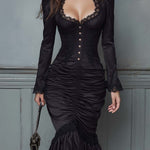 Vintage-style Pleated Collar Lace Trim Flared Hem Polyester Satin Midi Dress
