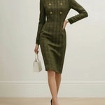 High Waisted Long Sleeves Buttoned Solid Color Split-Joint Zipper Mock Neck Midi Dresses